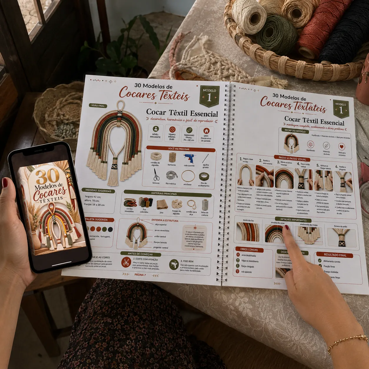 Material aberto com páginas visuais de um modelo de cocar têxtil